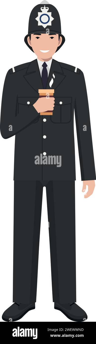 Standing British Policeman Officer with Cup of Coffee in Traditional Uniform Character Icon in Flat Style. Stock Vector