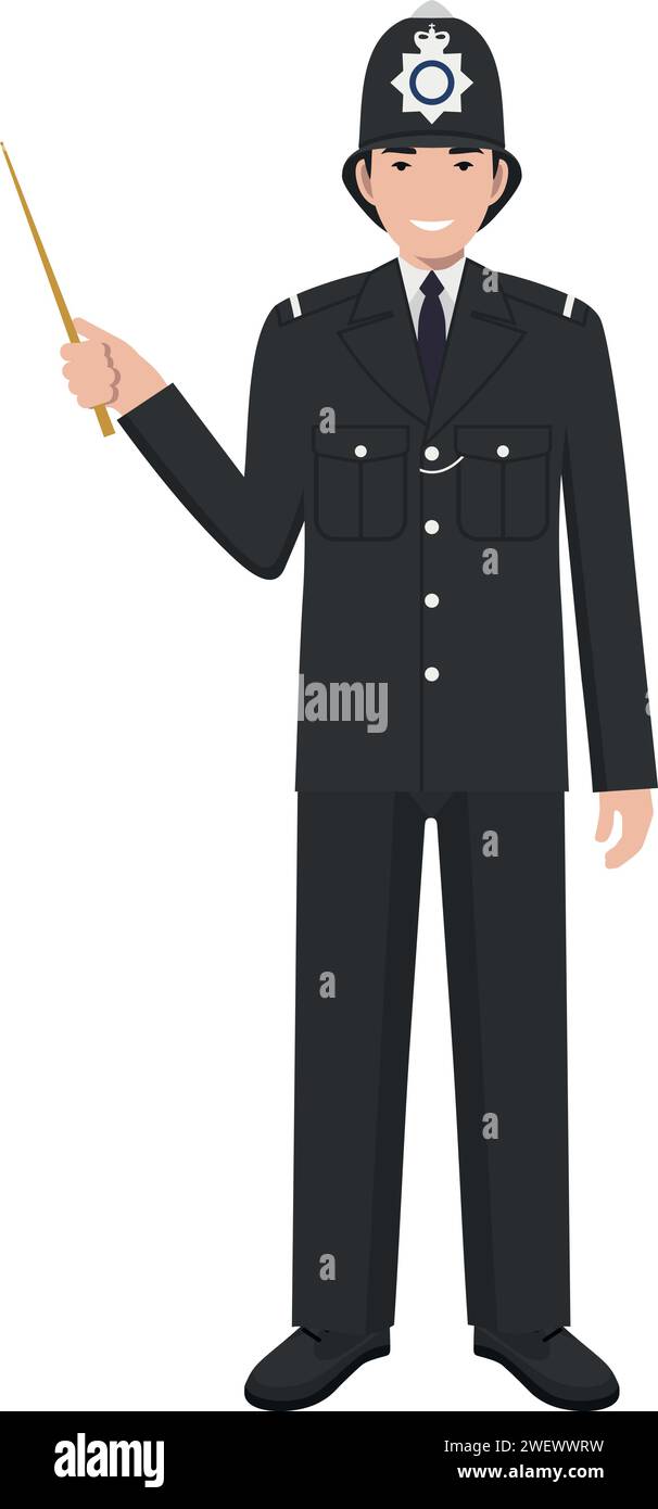 Standing British Policeman Officer with Wooden Pointer Stick in Traditional Uniform Character Icon in Flat Style. Stock Vector