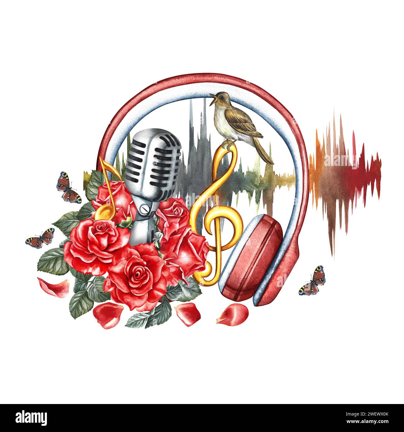 A retro silver microphone decorated with red roses, notes and a ...