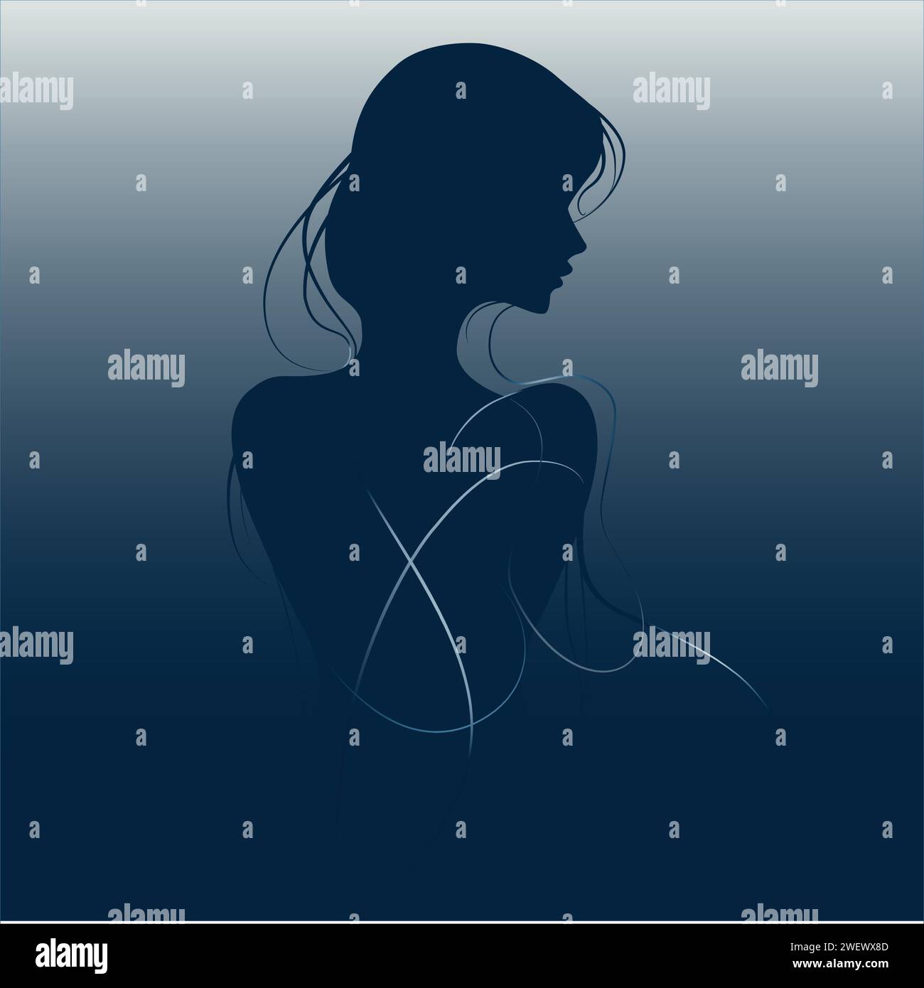 A graceful, elegant blue silhouette of a woman stands against a soft ...
