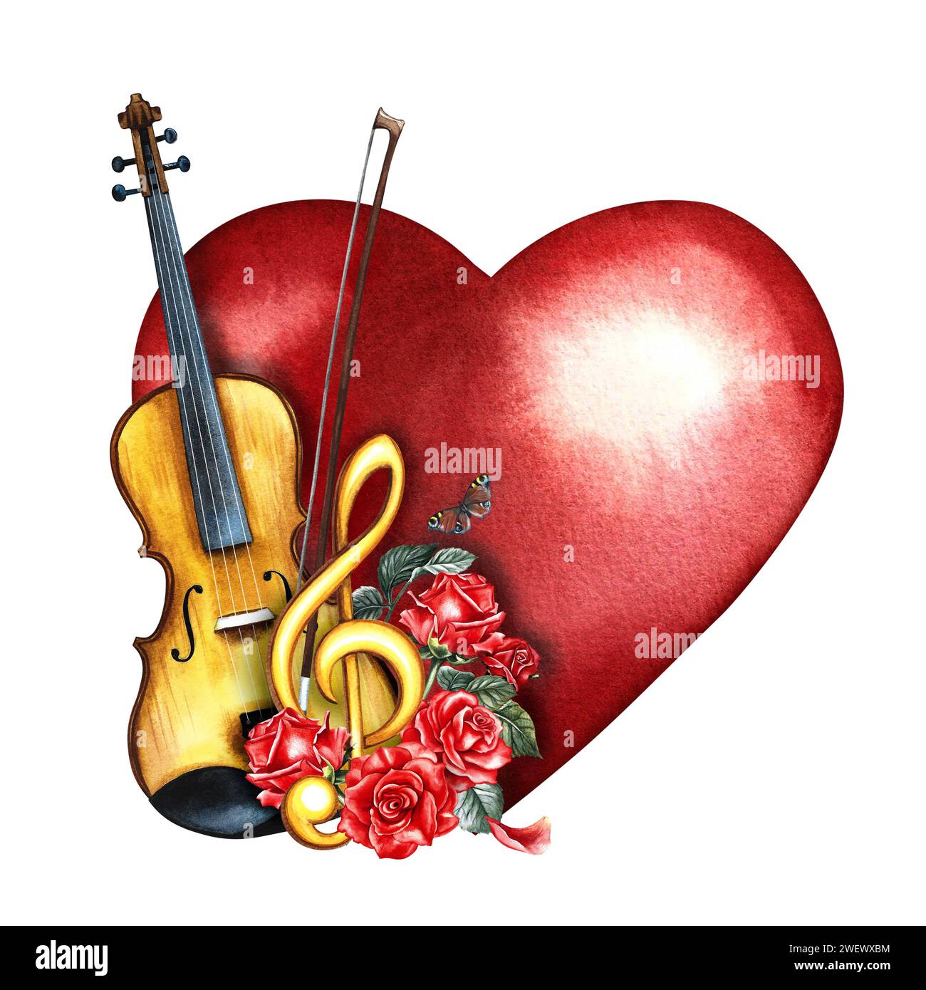 Red Roses And Violin A violin decorated with red roses and a golden treble clef on a red ...