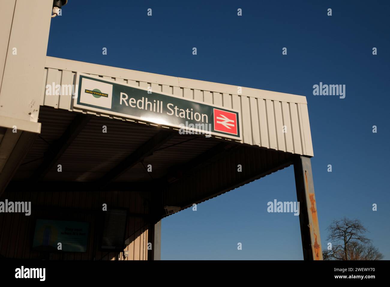 Redhill railway station sign Redhill road entrance Surrey England . Stock Photo