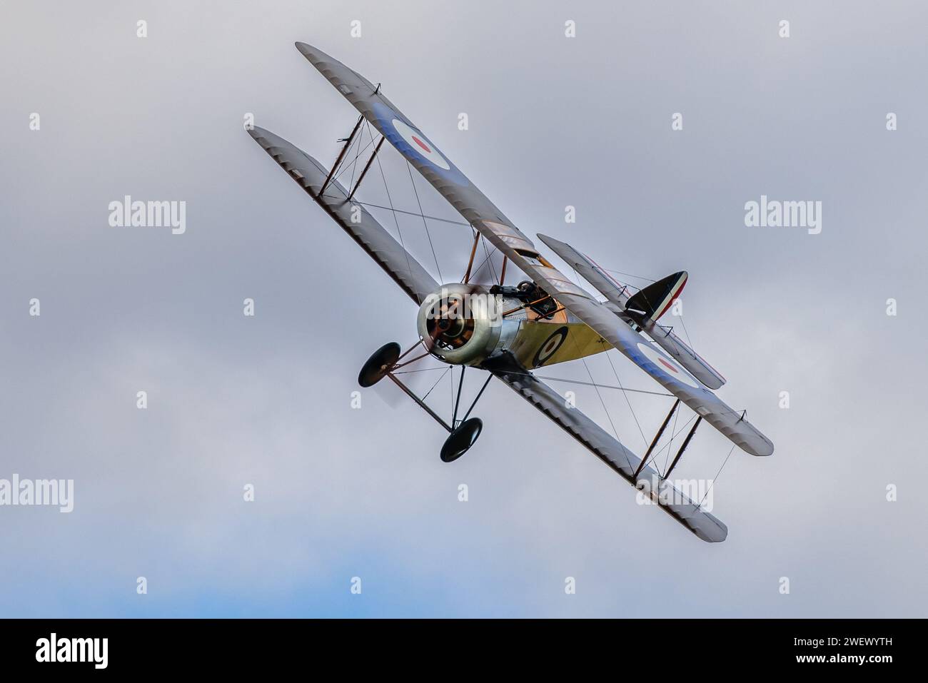 Old Warden, UK - 2nd October 2022: Vintage Sopwith Pup biplane in flight low over airfield. Close up shot Stock Photo