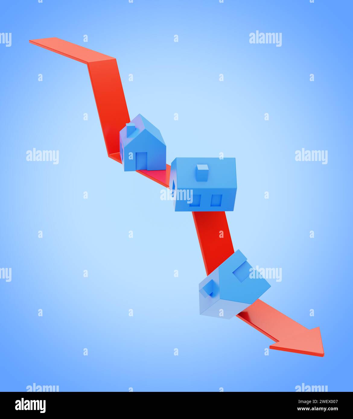 Falling real estate prices concept. several blue houses tumbling on a downward pointing red line with arrow. Blue gradient background Stock Photo