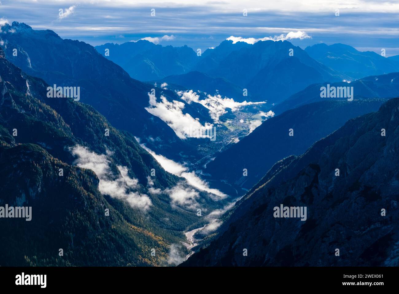 Aerial view on the Ansiei valley, Val d'Ansiei, the town Auronzo di Cadore and the lake Lago di Santa Caterina. Stock Photo