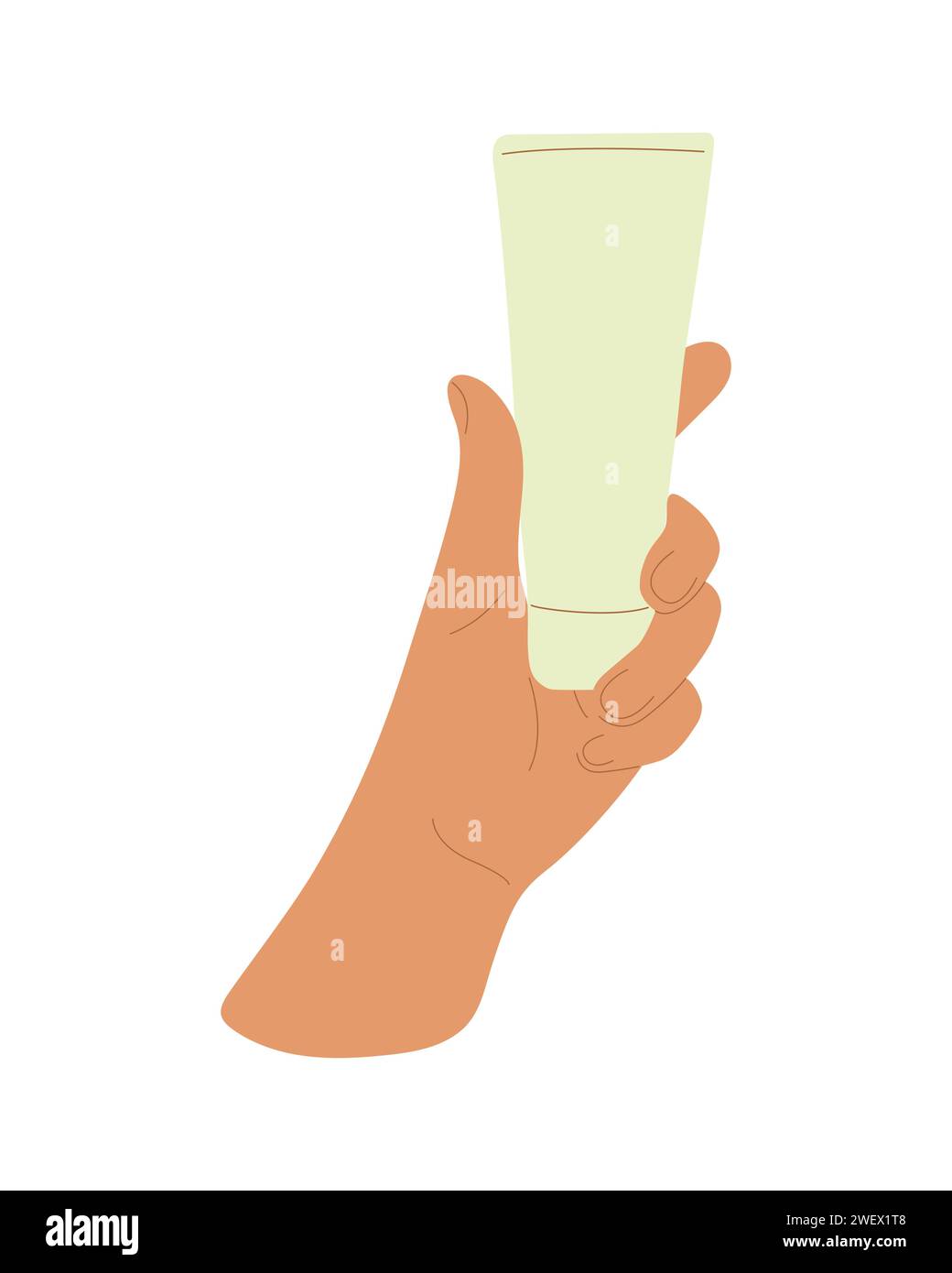 Illustrated image of hand clutching an empty tube mockup on white background. Stock Vector