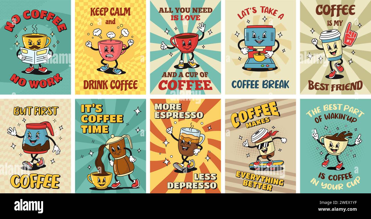 Retro coffee posters. Cartoon espresso cups, coffee house stickers with slogans in style of 1930s rubber hose animation. Vector illustration set Stock Vector