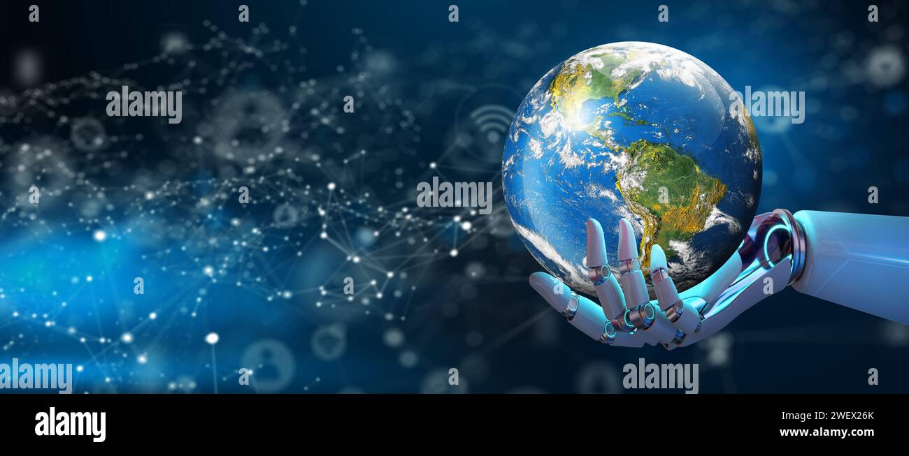AI Robot hand holding World Technology Connection with Abstract Background. Global Connected with Artificial Intelligence Concept. Stock Photo