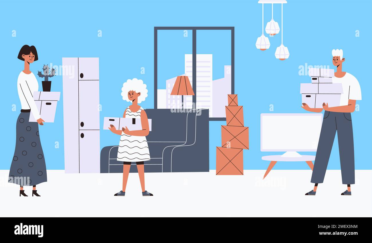 Moving out people, people relocation in new place. Relocation to new home, illustration of move