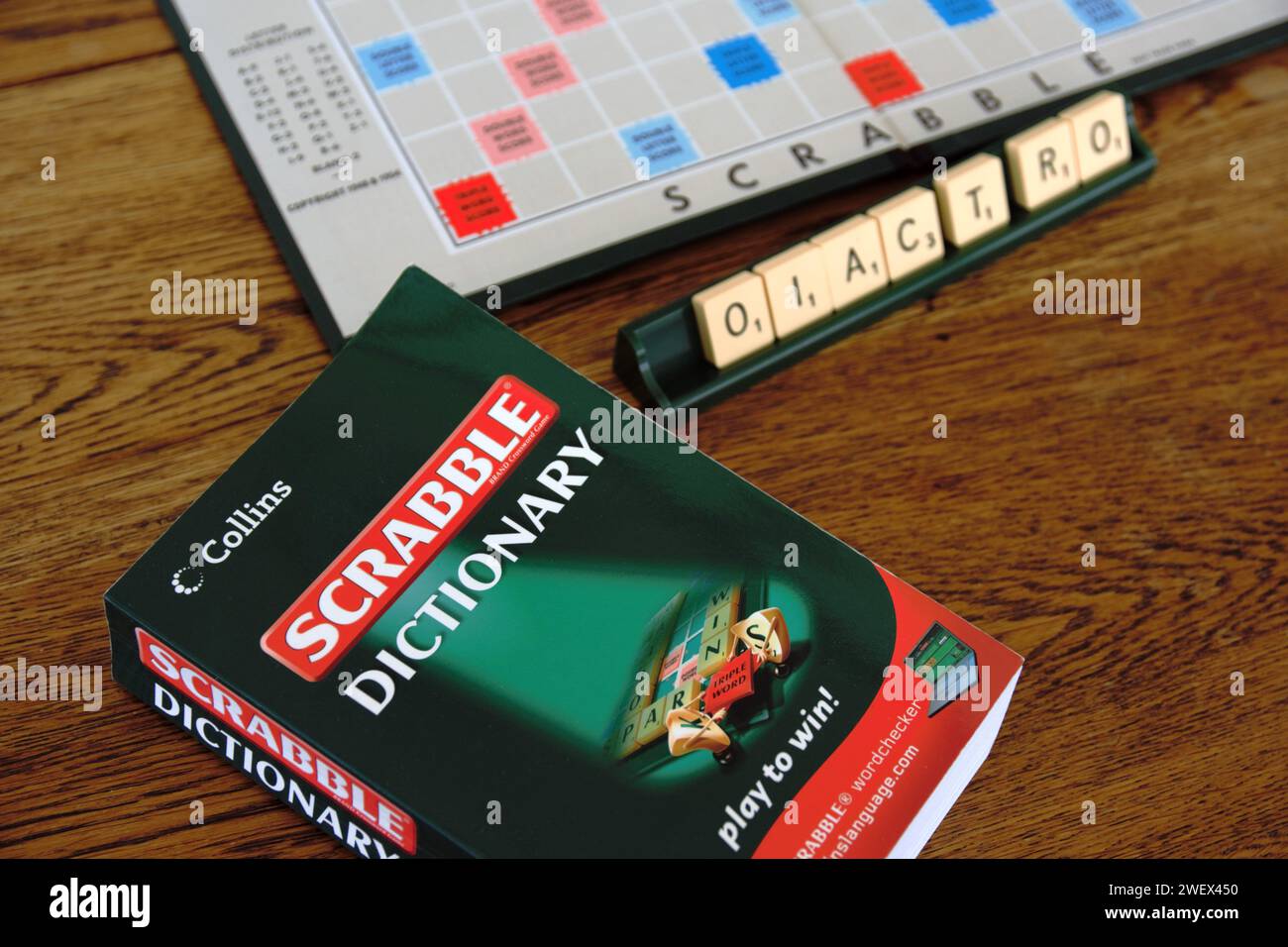 Scrabble board game. Spelling word play, making words out of tiles on