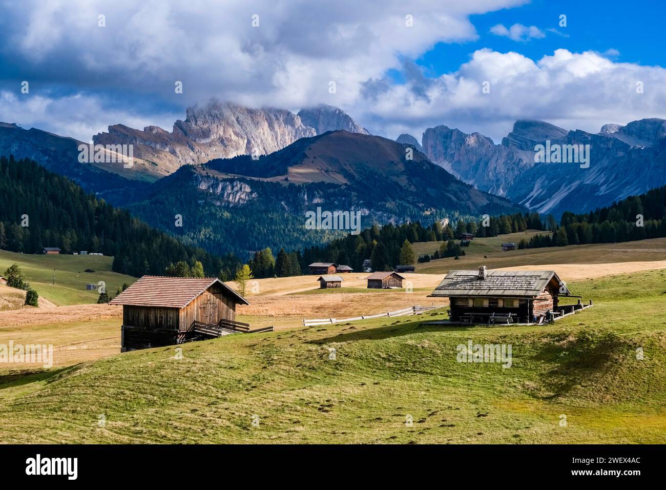Hilly agricultural countryside with wooden huts and harvested pastures at Seiser Alm, Alpe di Siusi, in autumn, Odle group in the distance. Kastelruth Stock Photo