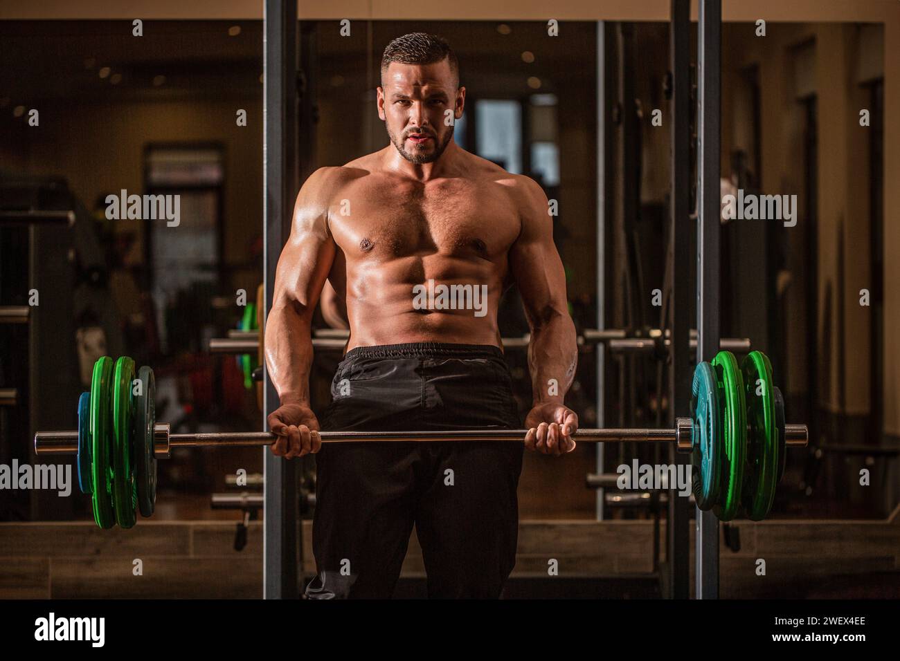 Barbells workout. Bodybuilder athletic man with six pack, perfect abs