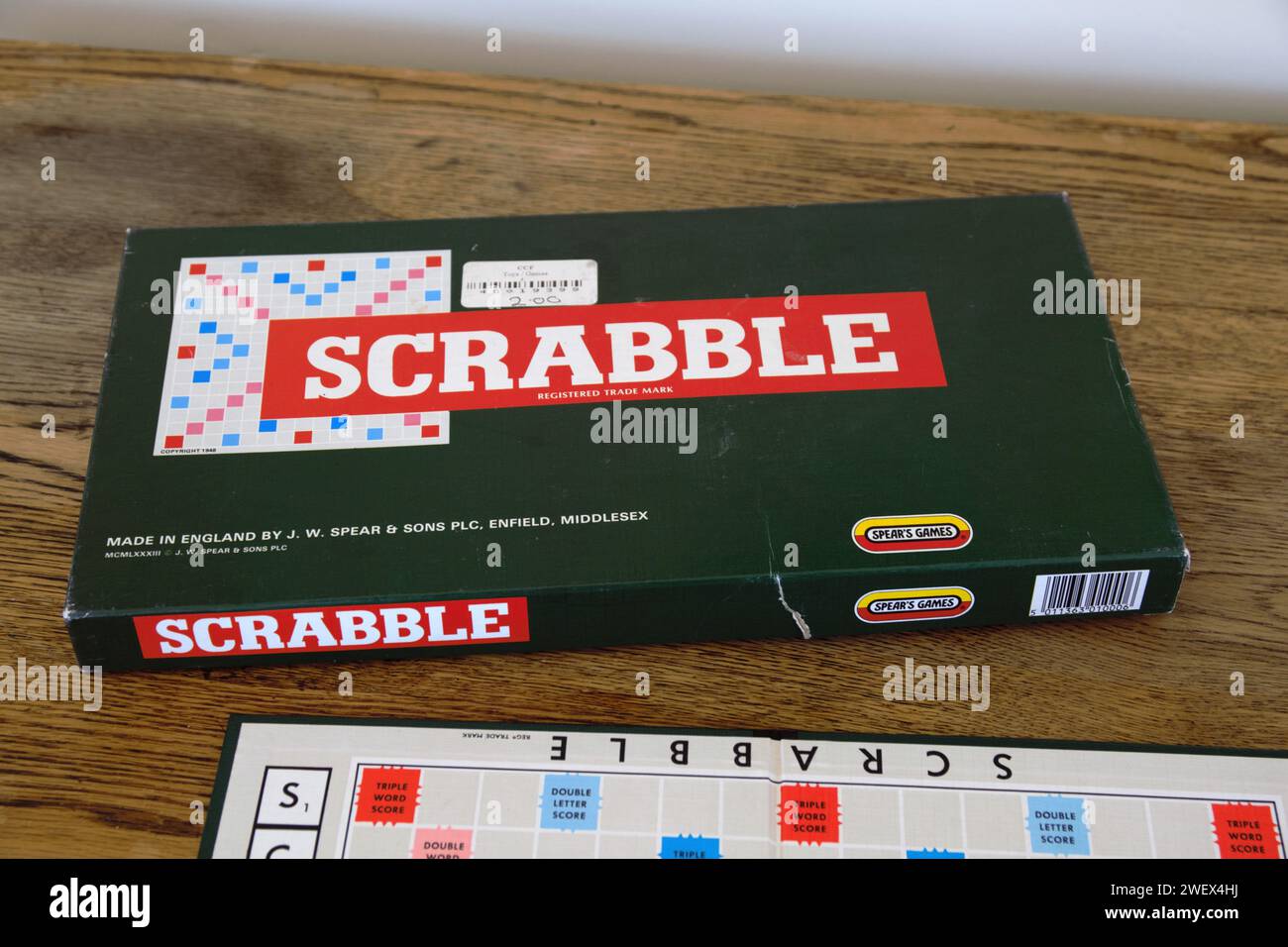 Scrabble board game. Spelling word play, making words out of tiles on