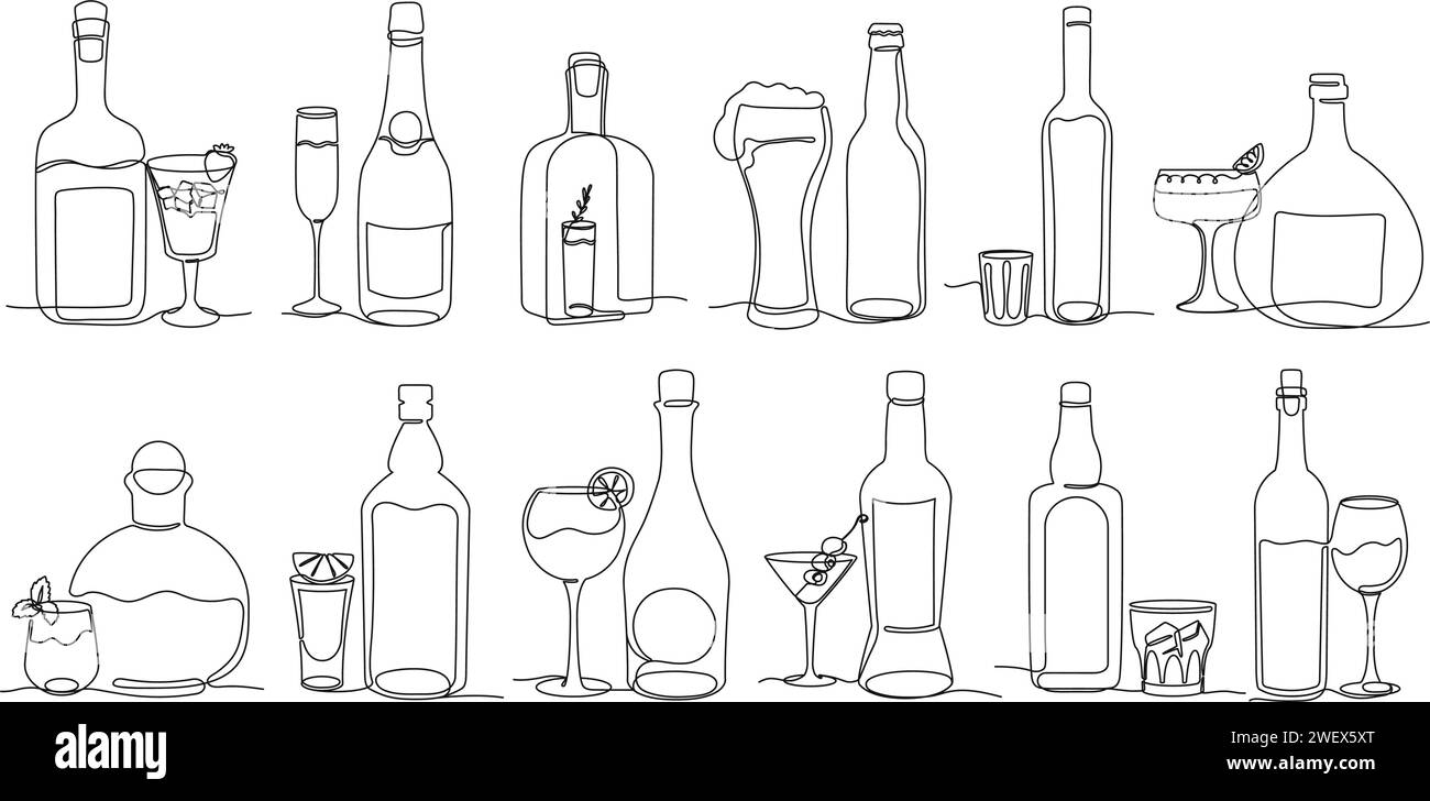 Continuous one line alcohol drinks. Minimalist alcohol bottles and glasses, bar beverages isolated vector illustration set Stock Vector