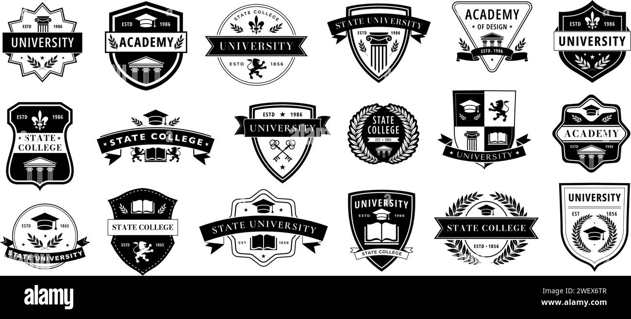 Education badge. Monochrome labels for university, academy and college branding. Academic insignia vector emblems set Stock Vector