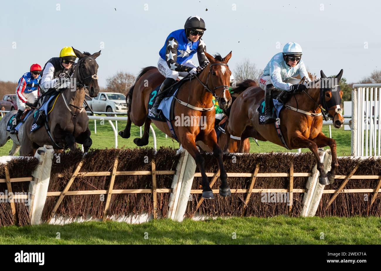 Ashroe Diamond and Mr Patrick Mullins win the SBK Yorkshire Rose Mares Hurdle for trainer Willie Mullins and owners Blue Blood Racing Club. Stock Photo