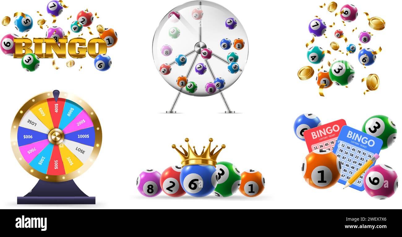 Lotteries game. Fortune wheel, bingo tickets and lottery balls in