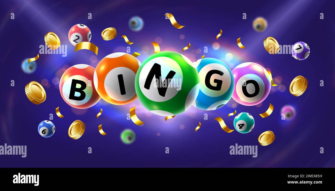Bingo banner. Floating 3D lotto game balls, lotteries gaming event promotion with golden coins and falling confetti vector illustration Stock Vector