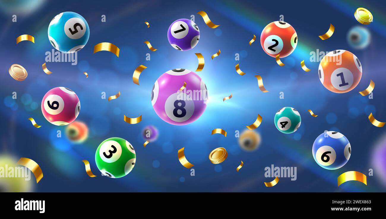 Bingo balls splash background. Floating lotto game ball, golden coins and confetti, lucky gambling winner celebration vector illustration Stock Vector