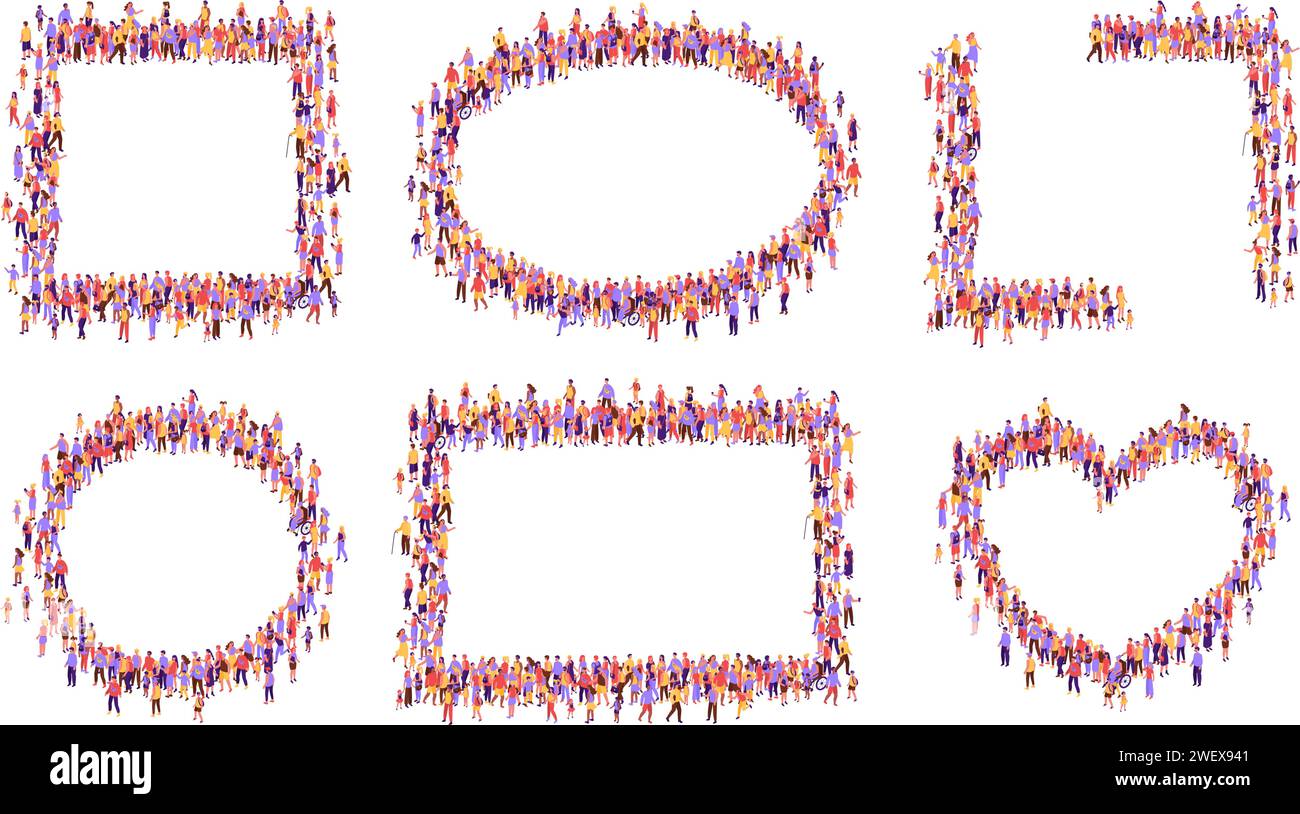 Top view crowd frames. Community unity frame with diverse group of