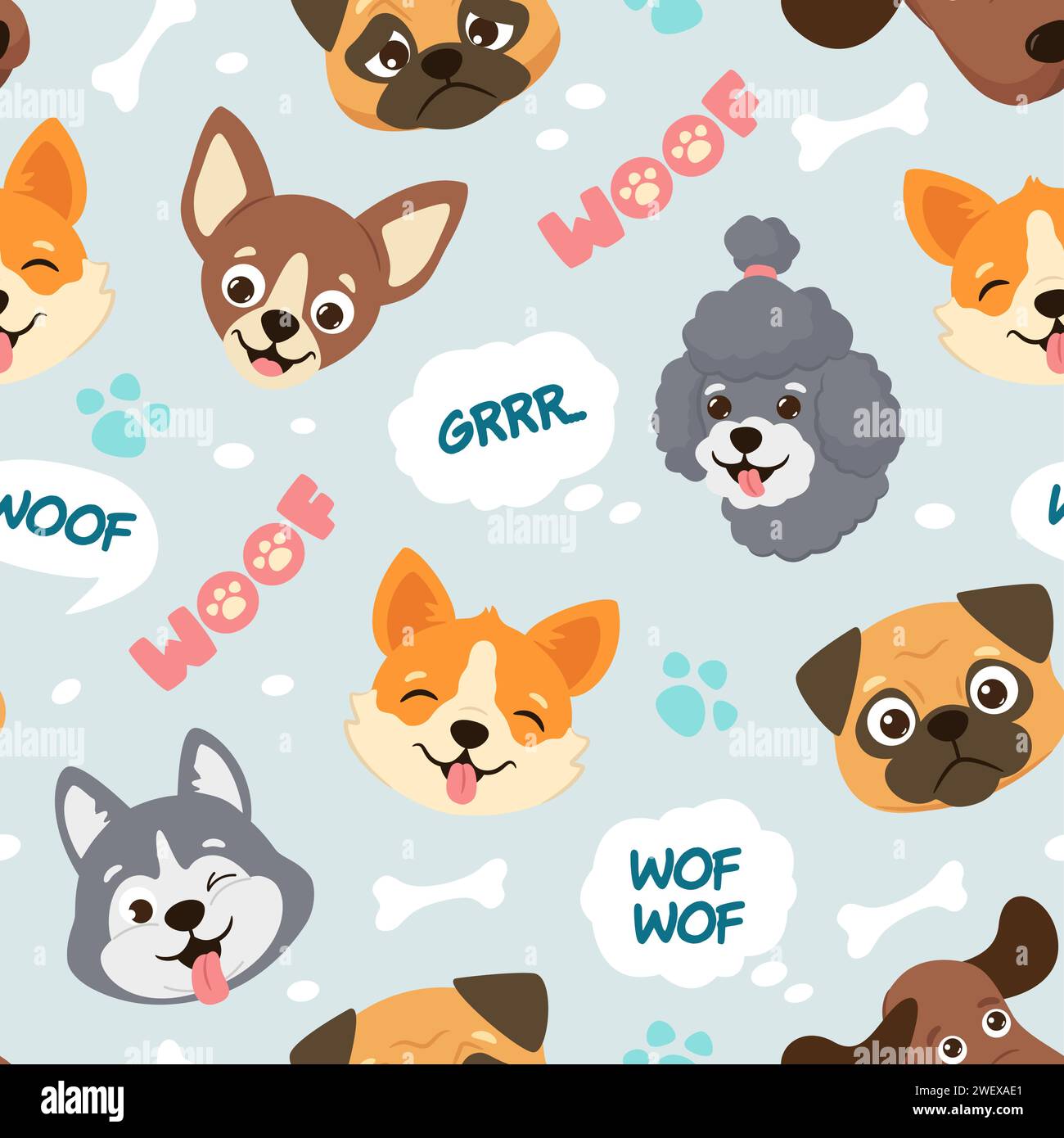 Cartoon puppies. Cute dogs faces pattern with woof speech bubbles for pet lovers, dog related seamless vector illustration Stock Vector