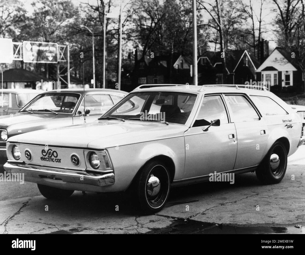 The Electrosport, an experimental 5-passenger electric station wagon produced by Electric Fuel Propulsion and built from an AMC Hornet, was the first electrically-powered auto to be mass-produced in the United States since the early 1900's, Ferndale, MI, 1972. Photo by Electric Fuel Propulsion Stock Photo