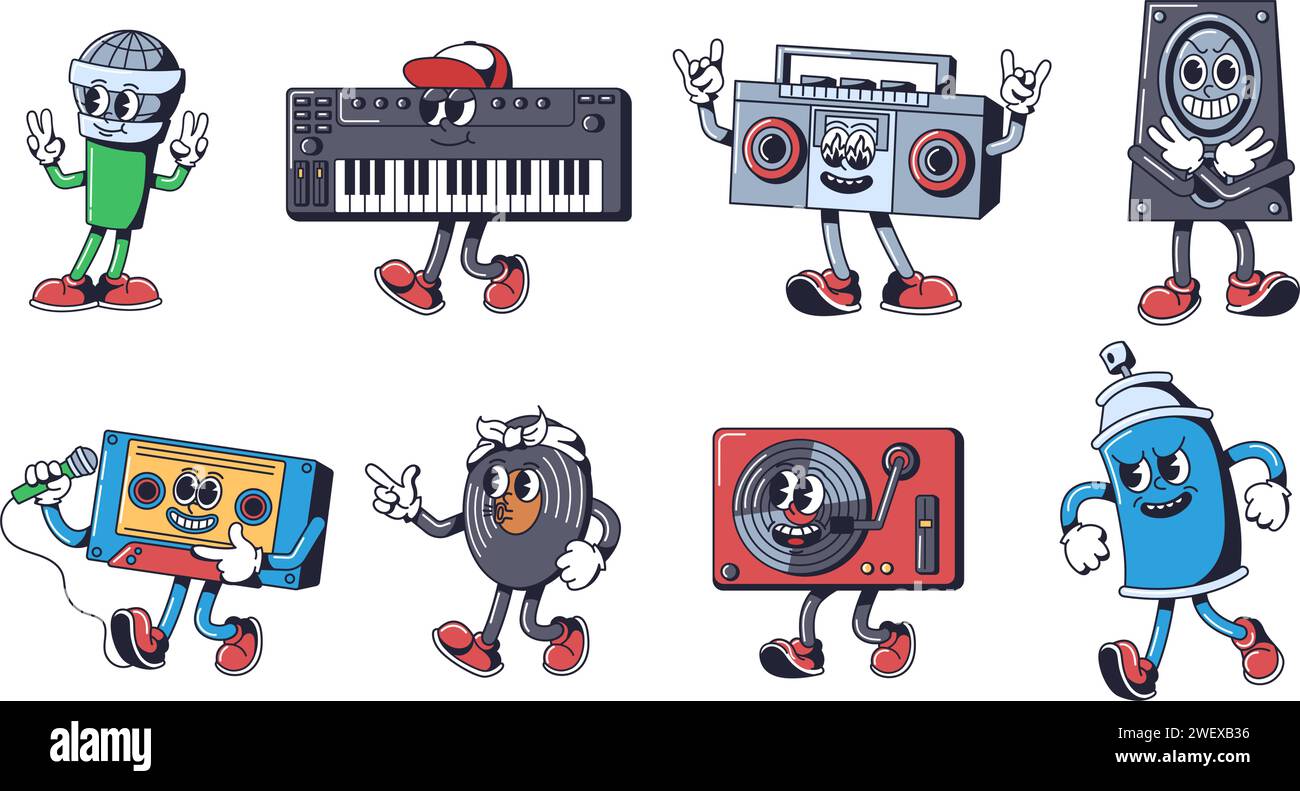 Hip hop music mascots. Beatboxing microphone, synth keyboard, cassette