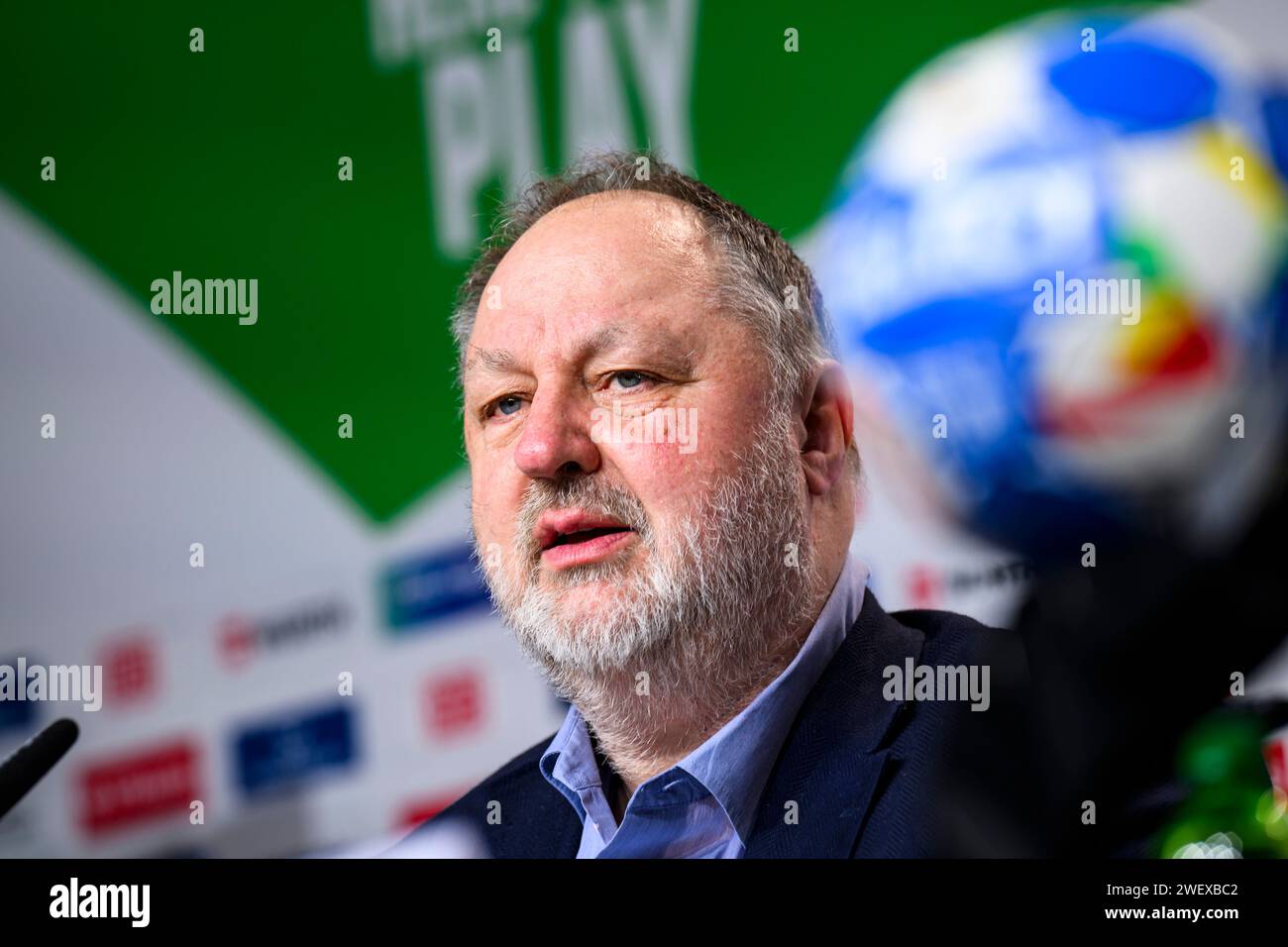 Cologne, Germany. 27th Jan, 2024. Handball: European Championship, final press conference, Lanxess Arena. Andreas Michelmann, President of the German Handball Federation (DHB), takes part in the press conference. Credit: Tom Weller/dpa/Alamy Live News Stock Photo