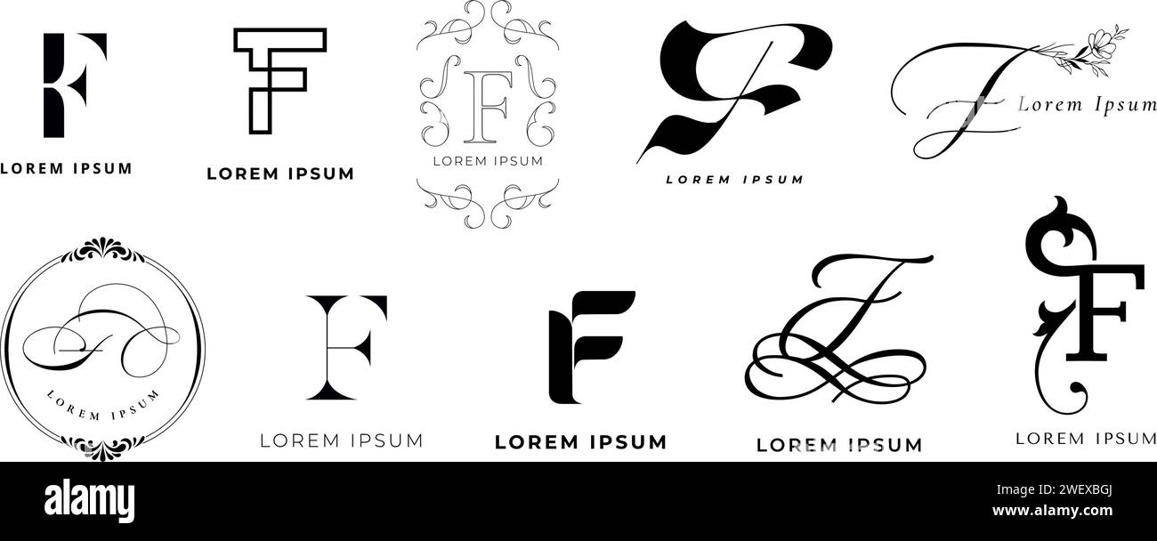Creative F emblem. Letter f monogram for fast fitness, futuristic festival and floral farm branding template vector icon set Stock Vector