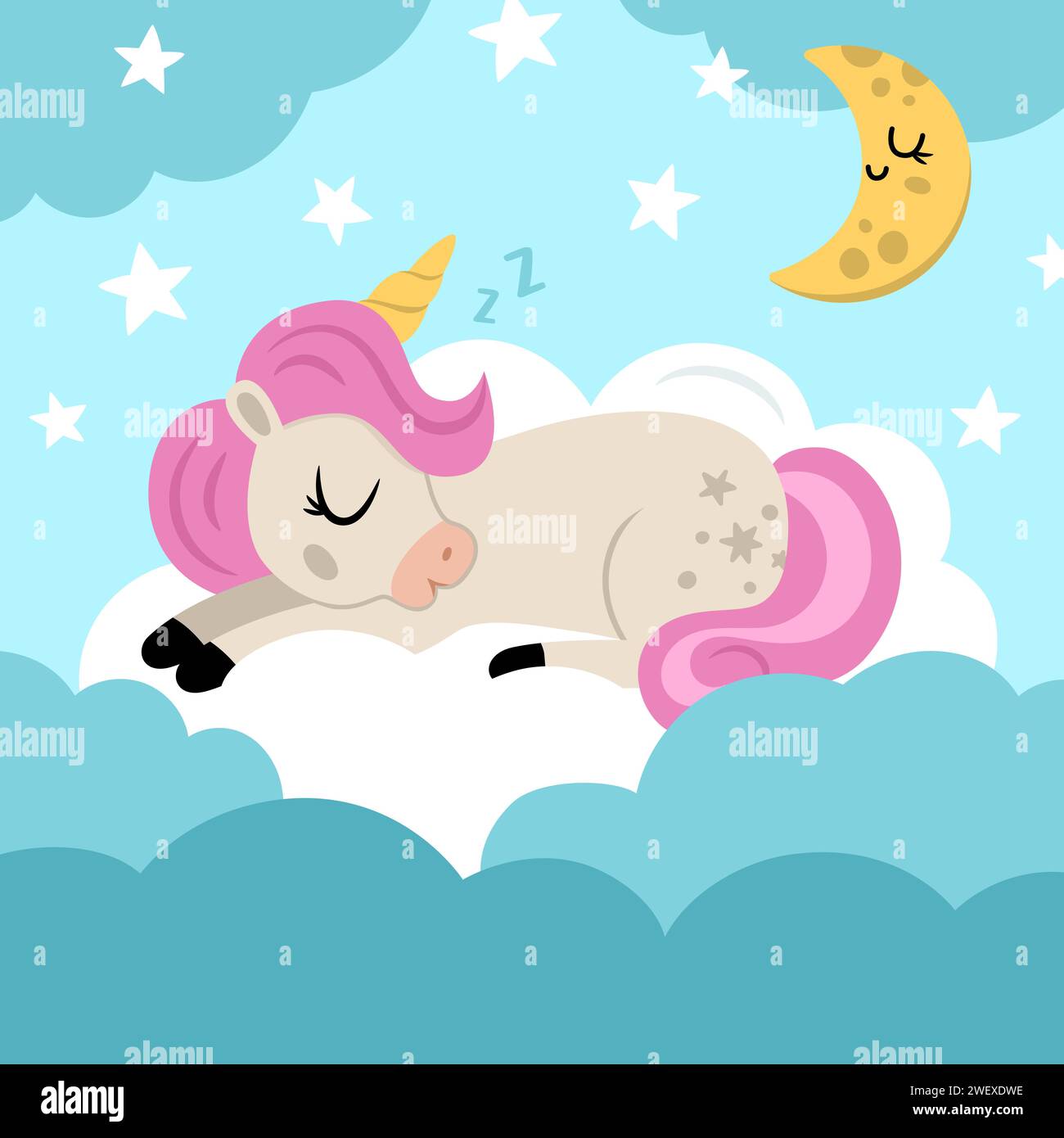 Vector square background with unicorn sleeping on cloud under clouds ...