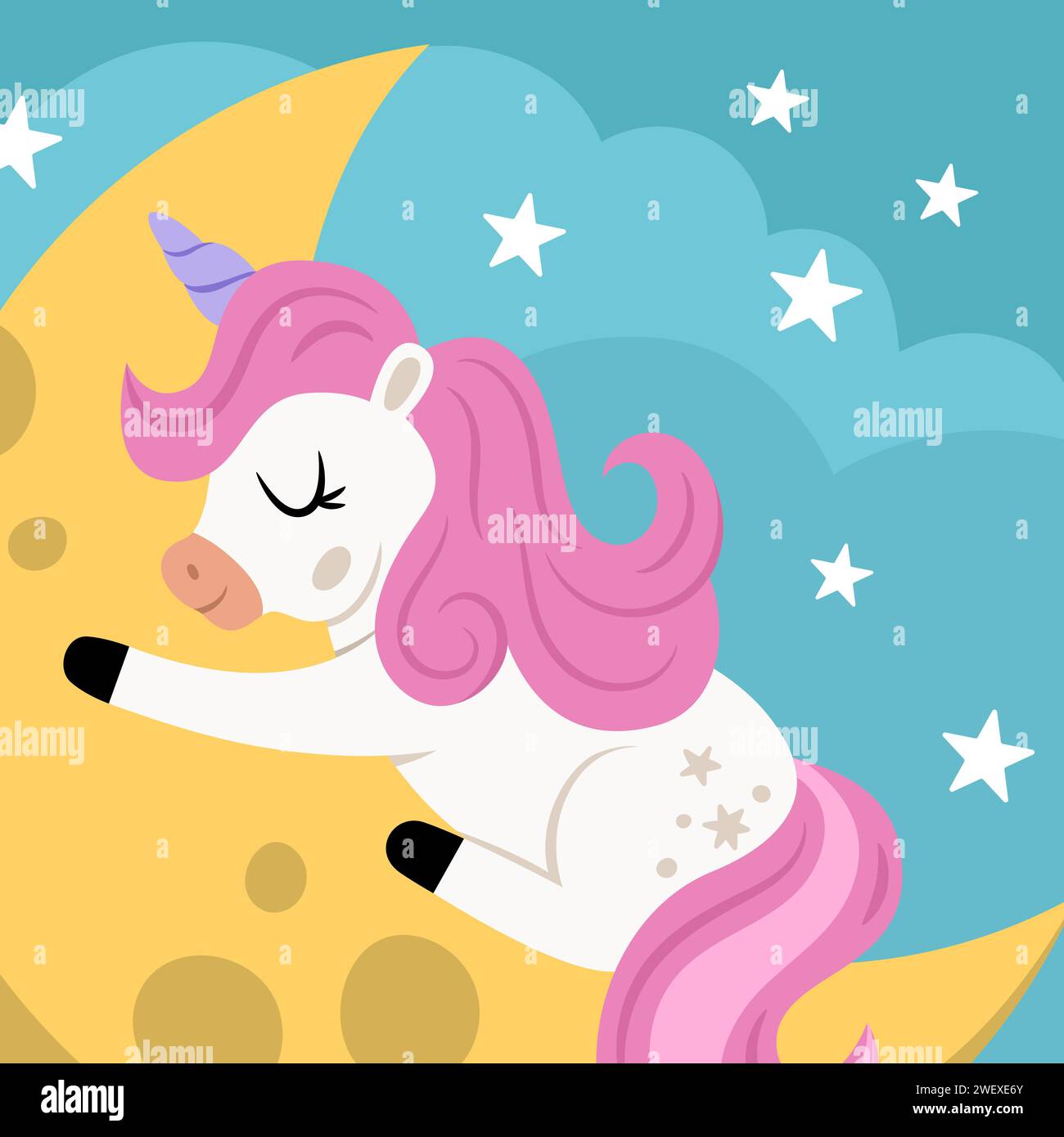Vector square background with unicorn sleeping on half moon under ...