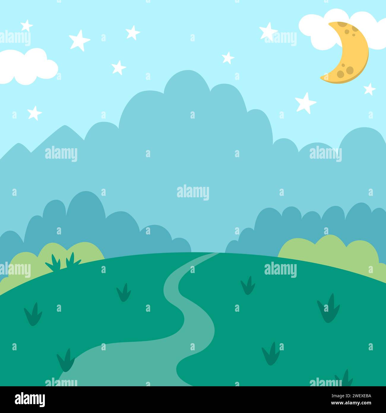 Vector blue abstract background with stars, moon, green field, forest ...