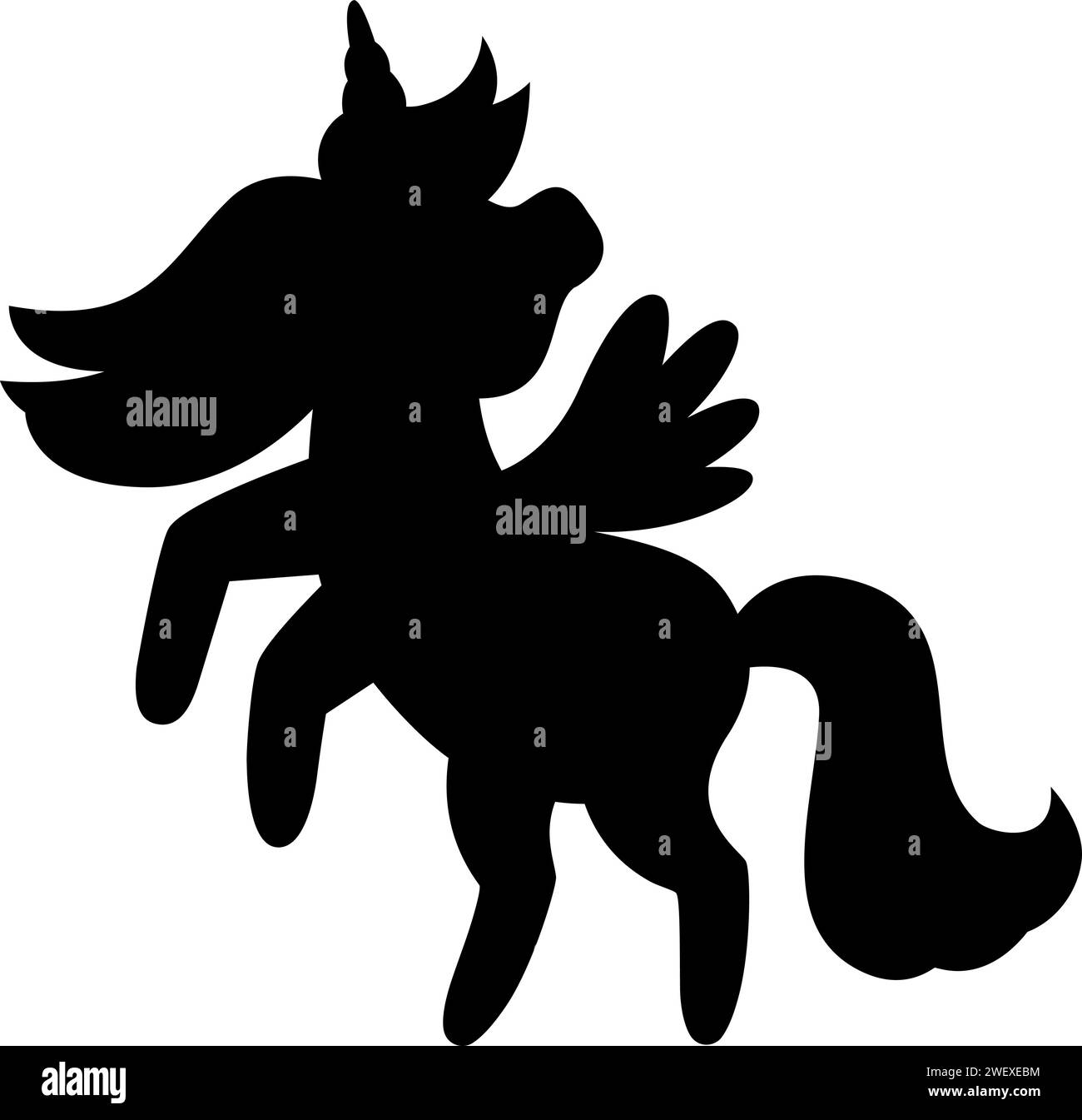 Vector black unicorn silhouette. Fantasy animal shadow. Fairytale horse character illustration for kids. Cartoon magic creature icon isolated on white Stock Vector