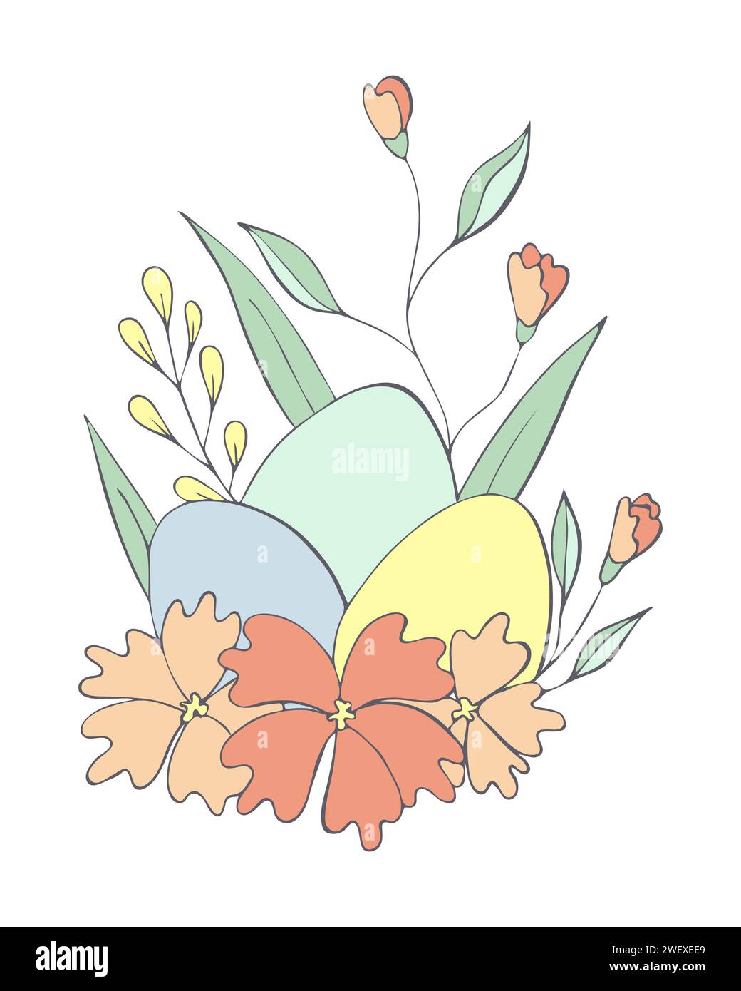Easter eggs arranged among bright spring flowers for Happy Easter. Stock Vector