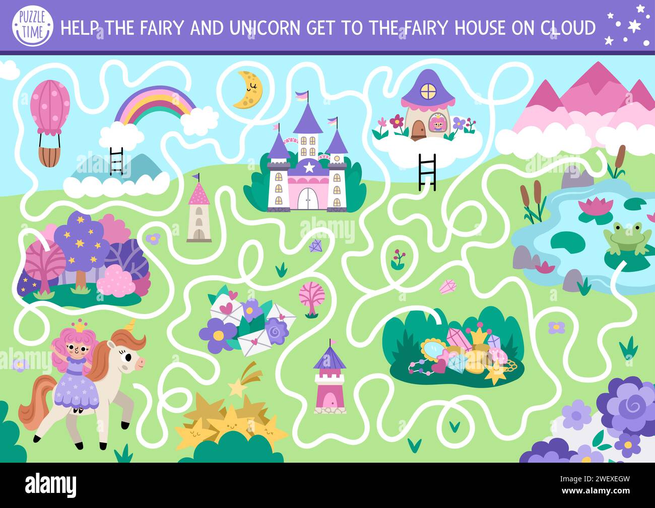 Unicorn maze for kids with fantasy country map, castle, fairy house. Magic world preschool printable activity with mountains, pond, rainbow, forest, p Stock Vector