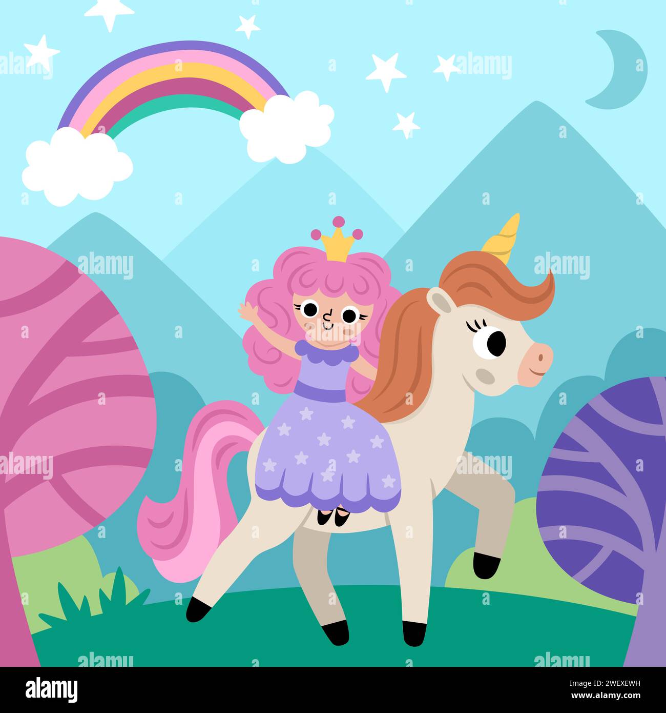 Vector square background with fairy princess riding unicorn under ...
