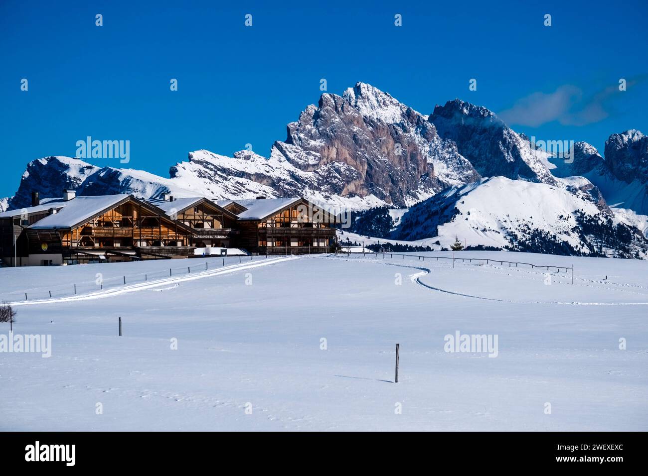 Hilly agricultural countryside with the Alpenhotel Panorama and snow-covered pastures at Seiser Alm, in winter, summits of Odle group in the distance. Stock Photo
