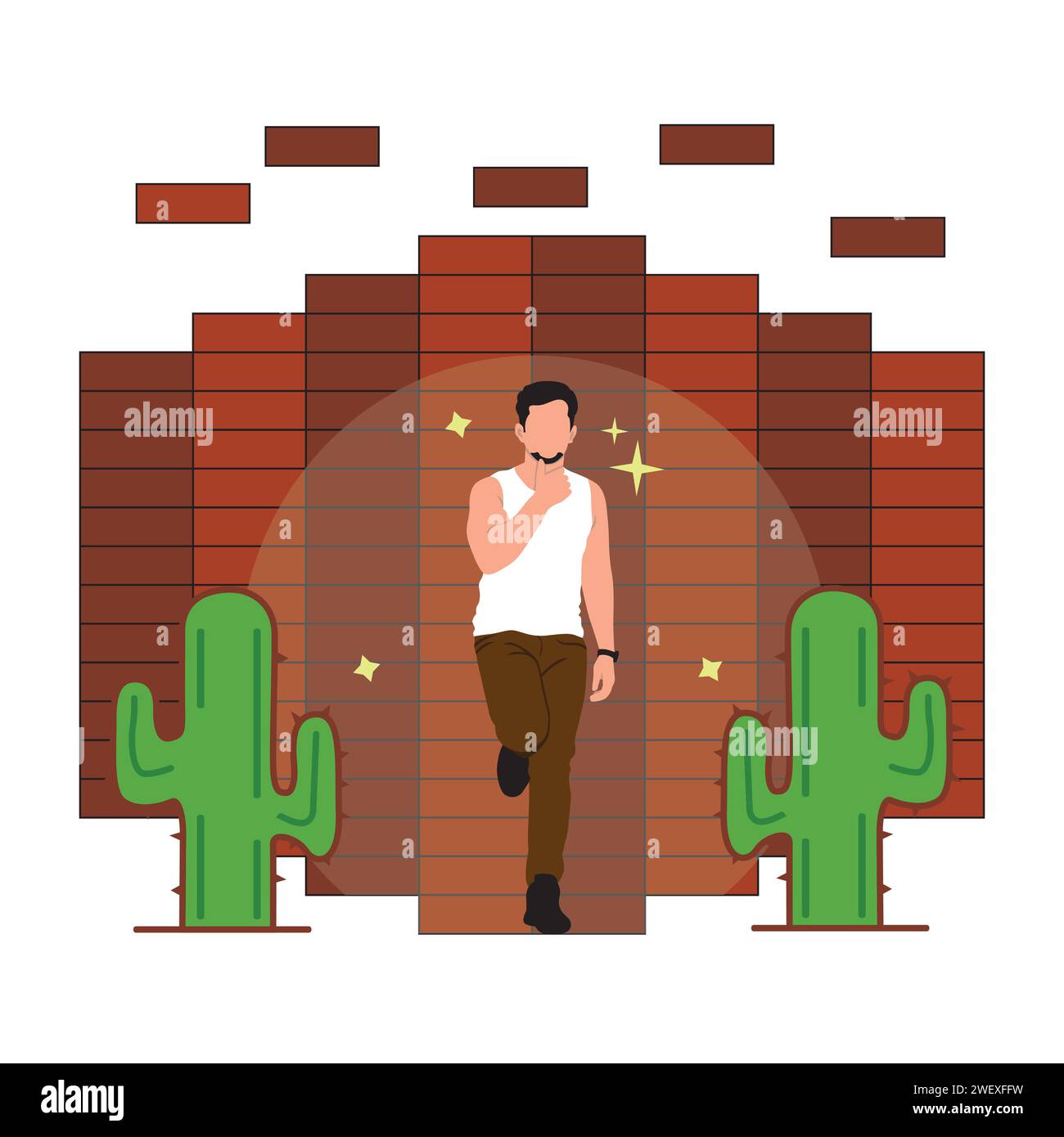 Young man standing near the wall with cactus. Vector illustration. Stock Vector