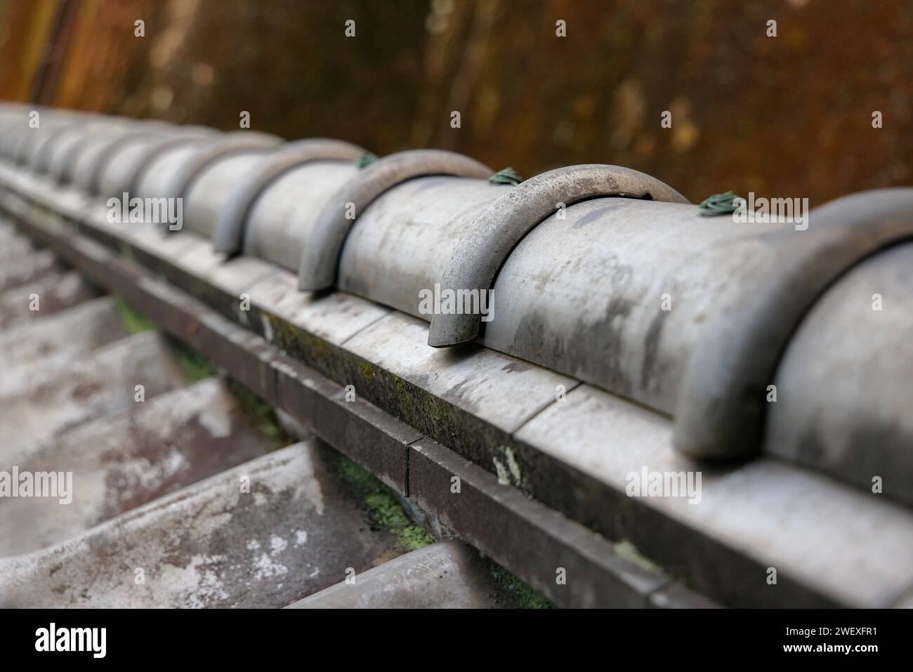 The traditional Japanese ridge tiles covering the ancient Japanese home. Stock Photo