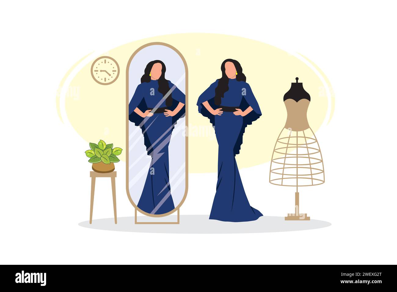 Fashion store concept. Vector illustration in flat cartoon style. Woman standing near the mirror. Stock Vector