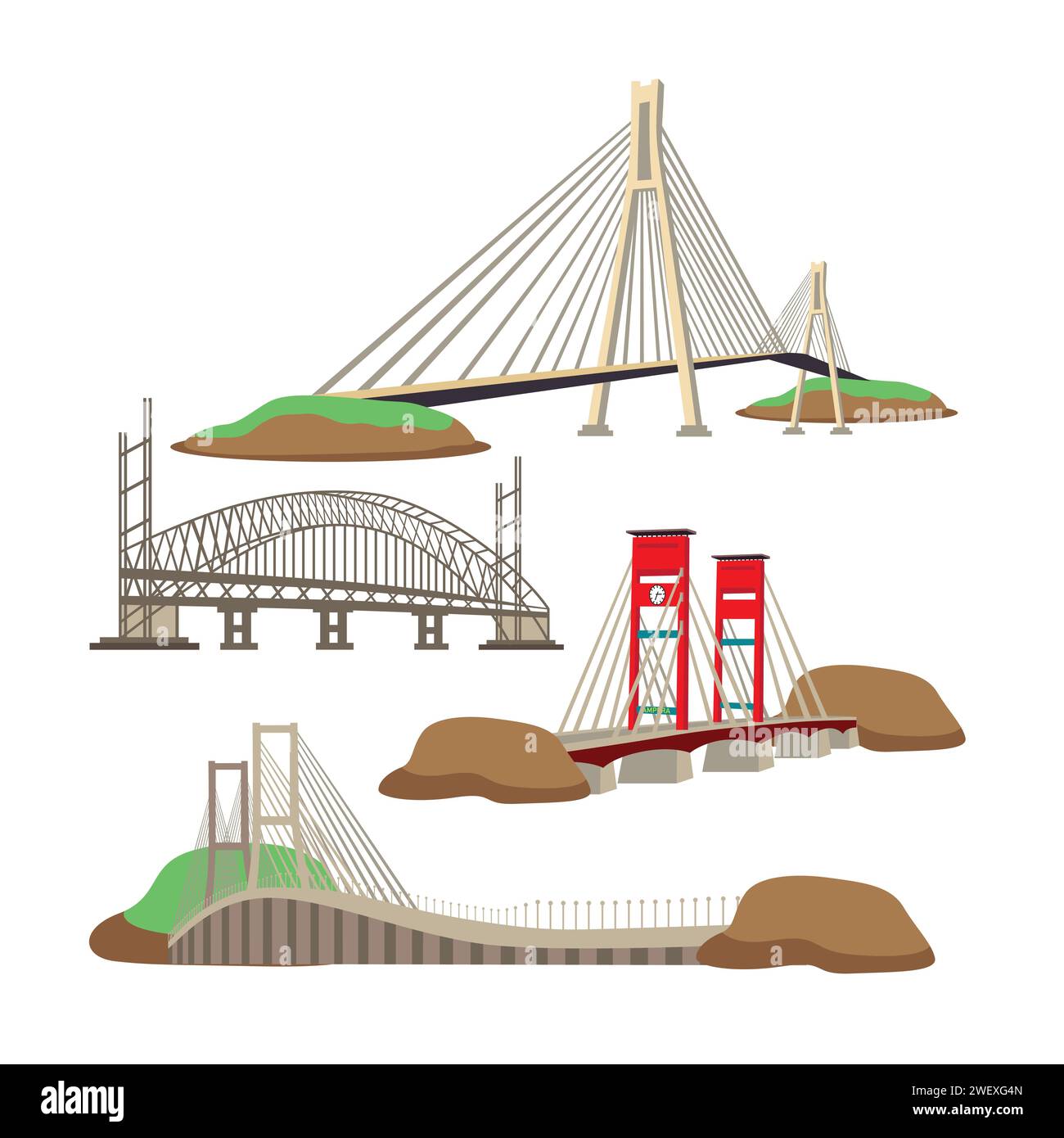 Suspension bridge set. Cartoon illustration of suspension bridge vector for web design Stock Vector