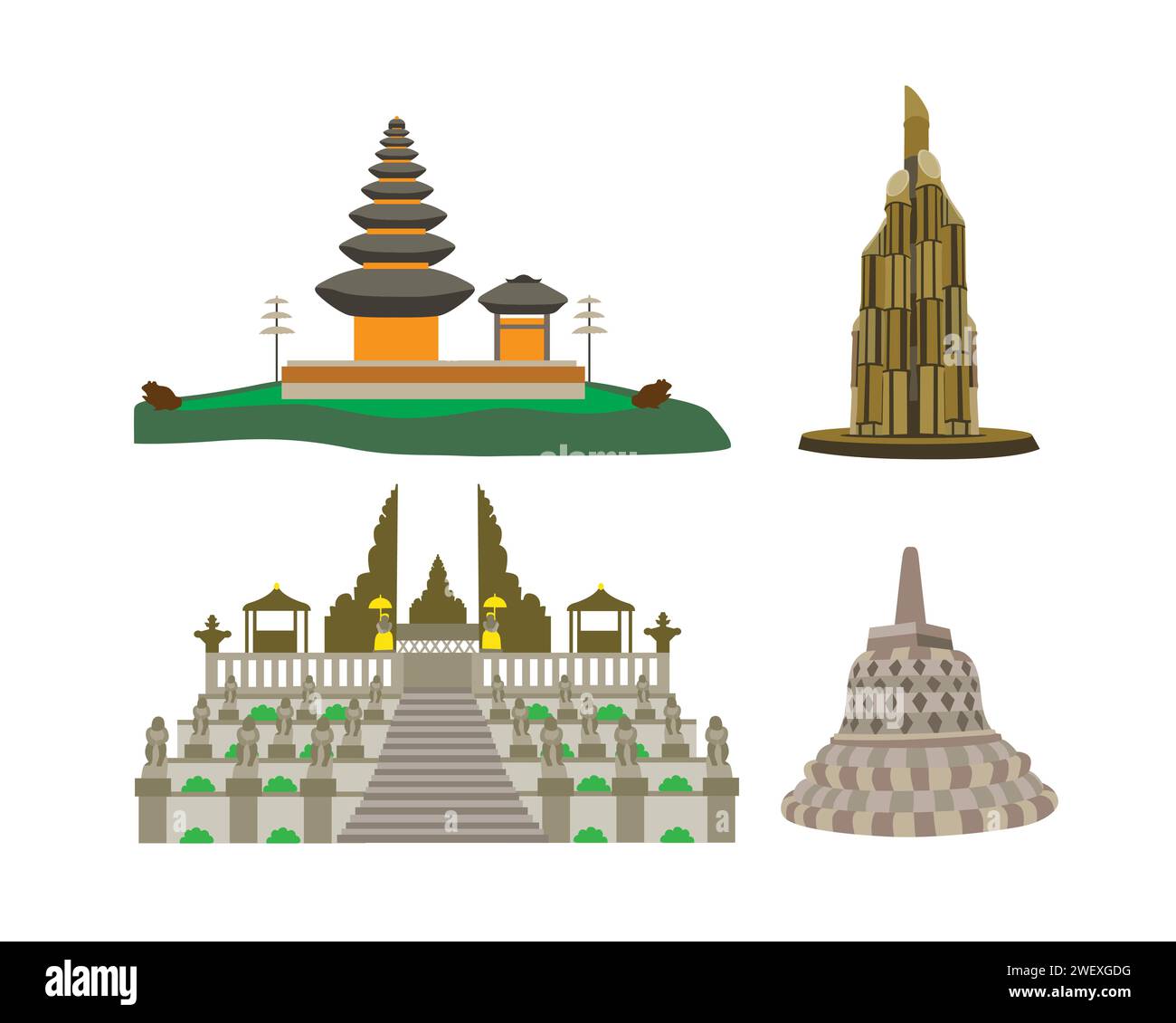 indonesian temple set. Vector illustration of indonesian temple. Stock Vector