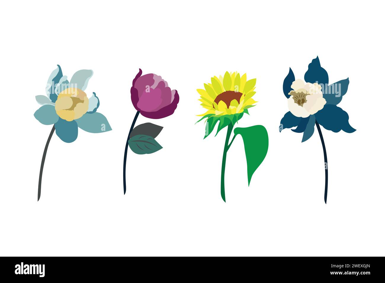 Set of flowers on a white background. Vector illustration in flat style. Stock Vector
