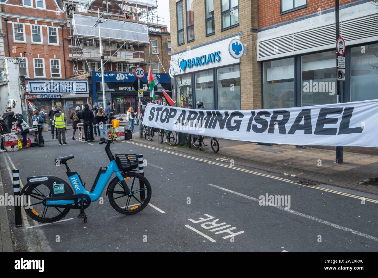 London, UK. 27 Jan 2024. A protest at Barclay's Peckham branch in a day