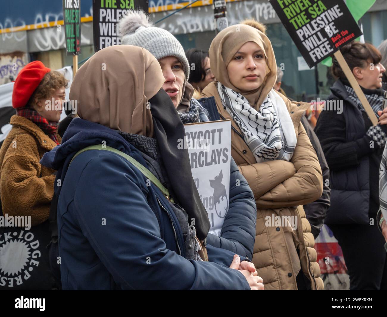 London, UK. 27 Jan 2024. A protest at Barclay's Peckham branch in a day