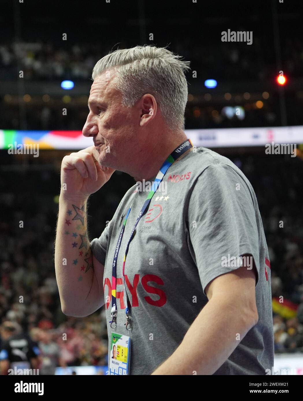 Cologne, Germany. 26th Jan, 2024. © Laurent Lairys/MAXPPP - Cologne 26/01/2024 Coach Kai Jacobsen Denmark during the Men's EHF Euro 2024, Semi Finals handball match between Germany and Denmark on January 26, 2024 at Lanxess-Arena in Cologne, Germany - Photo Laurent Lairys/MAXPPP Credit: MAXPPP/Alamy Live News Stock Photo