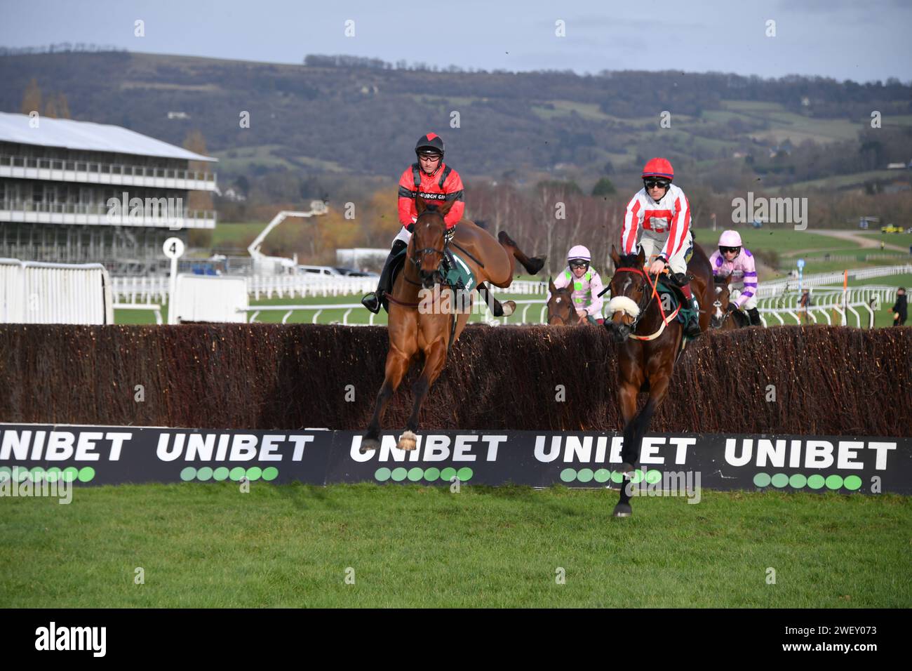 Cheltenham, UK. 27th January 2024. Cheltenham Racecource, UK. The Real Whacker lands safely in the lead. Action from the 13.50 The Paddy Power Cotswold Steeple Chase, won by Capodanno, at Cheltenham. UK. Photo Credit: Paul Blake/Alamy Sports News Stock Photo