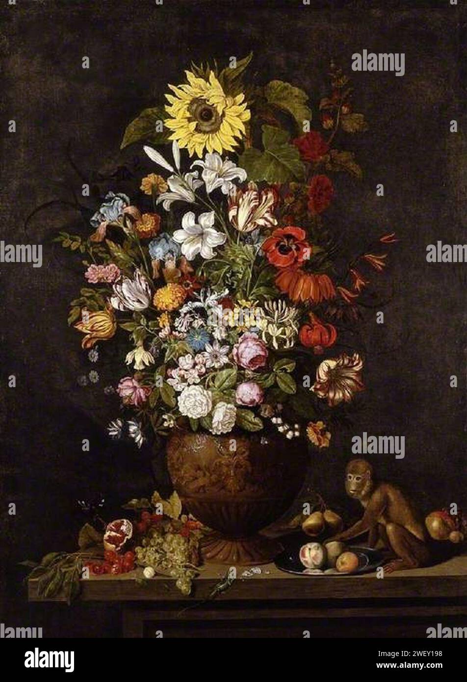Ambrosius Bosschaert the younger (1609-1645) - A Vase of Flowers with a Monkey Stock Photo