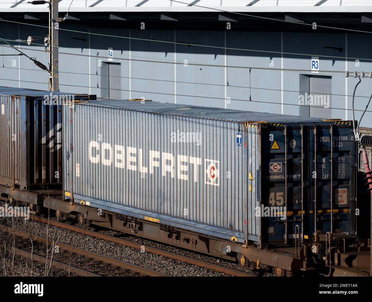 Cobelfret container on a train arriving at DIRFT, Northamptonshire ...