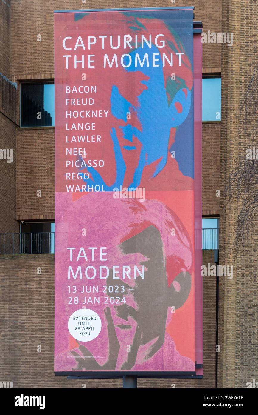 Banner outside the Tate Modern art gallery advertising Capture the Moment painting and photography exhibition 2023 to 2024, in London, England, UK Stock Photo